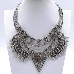 Natasha Silver Tone Spike Chain Statement Necklace Gothic Punk Adjustable